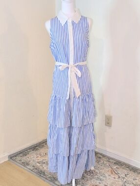 FORE Blue & White Striped Sleeveless Tiered Maxi Dress with Tie